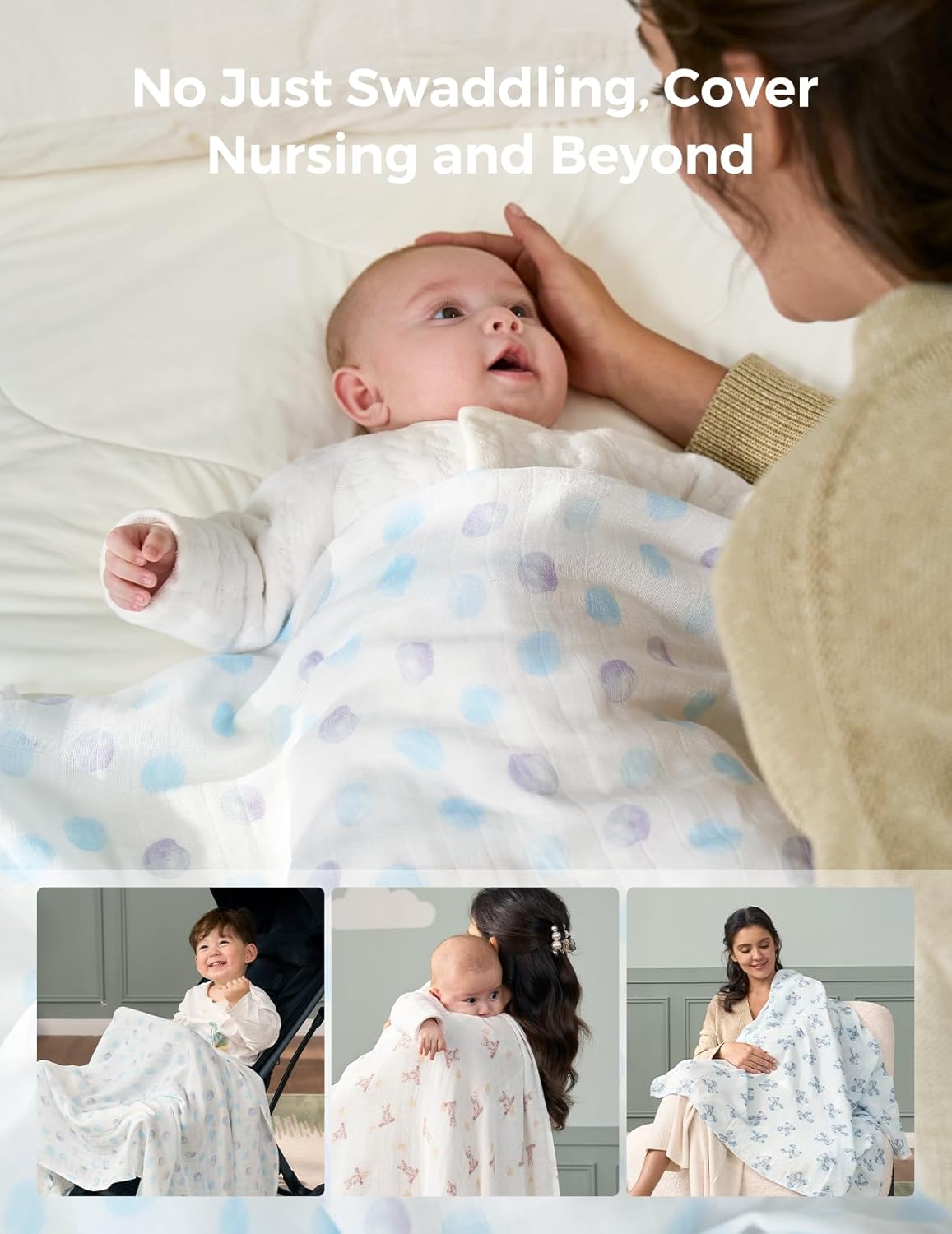 Momcozy Muslin Best Wishes Swaddle Blankets, Ultra Soft Neutral Registry Essentials, Whispering Bears & Elephants, Breathable Large 47'' x 47'' Newborn Boys Girls Receiving Blanket