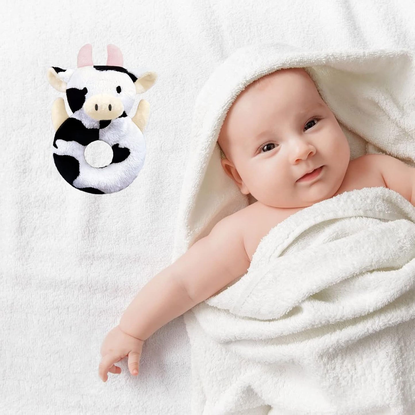 Baby Cow Soft Rattle Toy, Dairy Cattle Plush Infant Shaker Rattle Easy-Grasp Stuffed Animal Toy, Gifts for Newborns Babies Toddlers Boys Girls, Pink Horns, 6 Inches