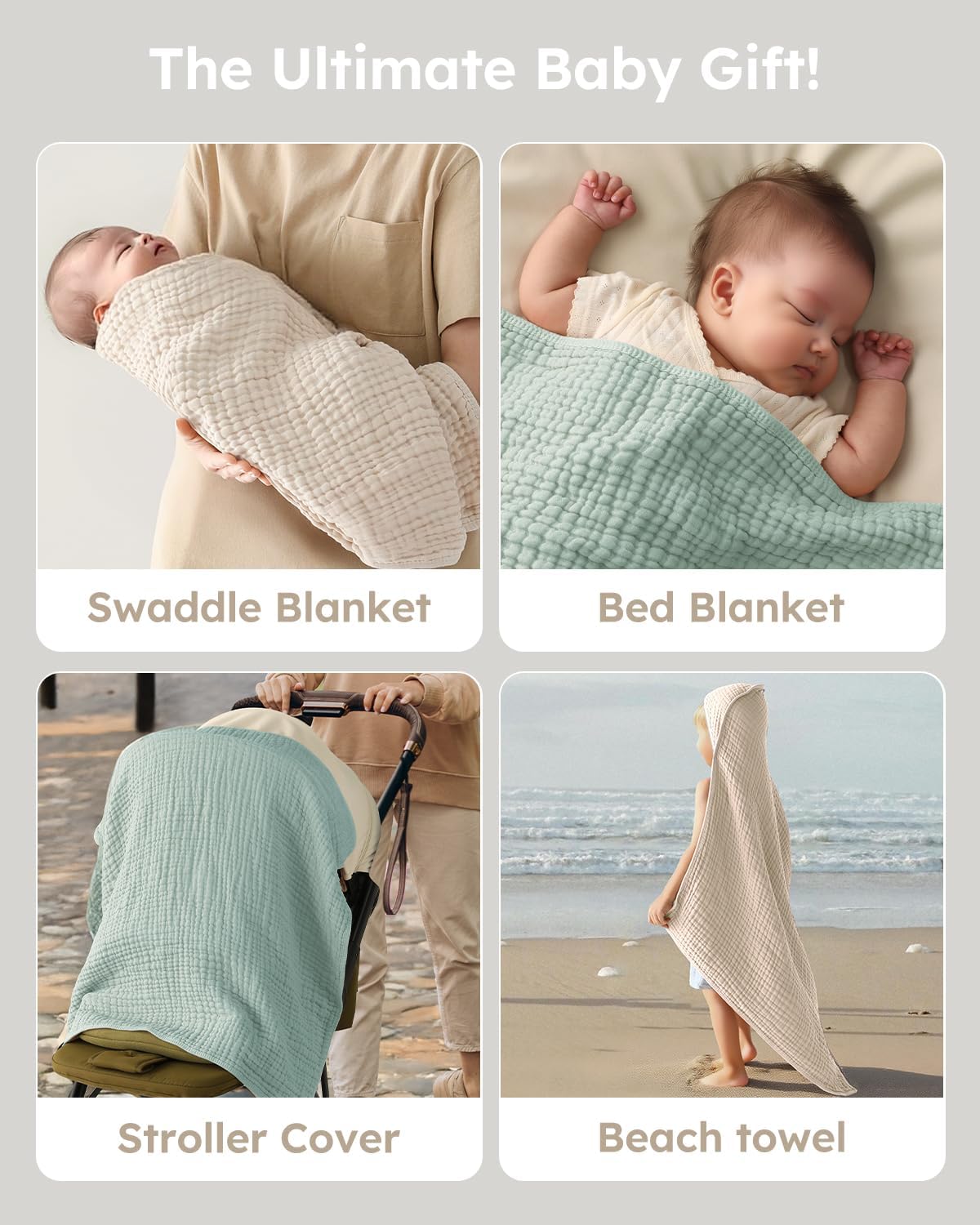 Yoofoss Hooded Baby Towels for Newborn 2 Pack 100% Muslin Organic Cotton Baby Bath Towel with Hood for Babies, Infant, Toddler and Kids, 37.5“x37.5“, Soft and Absorbent Newborn Essential,Apricot&Green