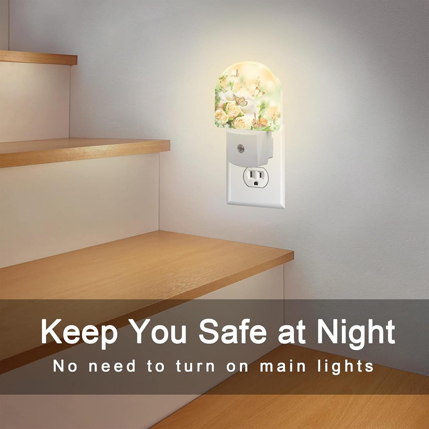 Yellow Rose Flowers Butterfly Night Light Plug into Wall, Spring Floral Butterflies Dusk to Dawn Night Light Plug in,0.5w Energy Saving Sleep Friendly NightLight for Kids Boys Girls Home Decor