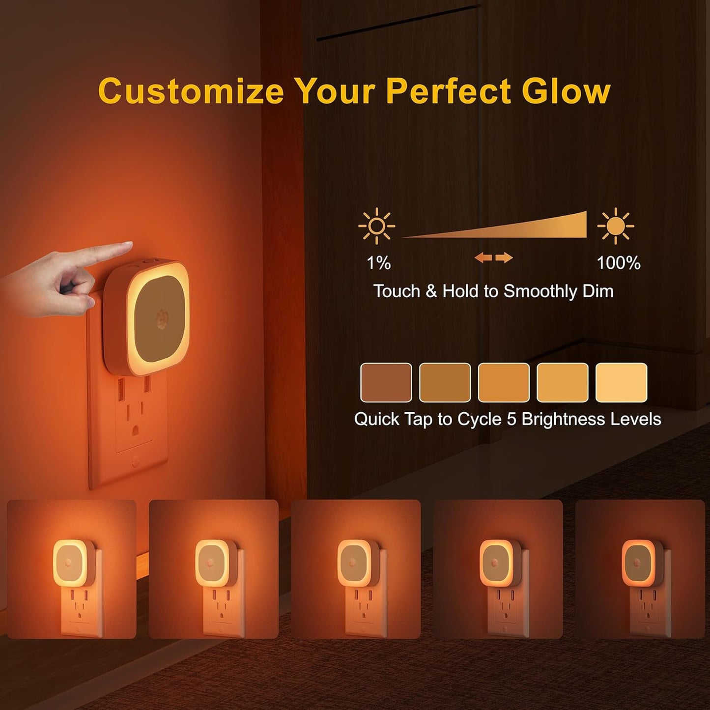 2 Pack Plug in Night Light with Motion Sensor & Dusk to Dawn Sensor, 3 Sensor Modes, Dimmable Night Lights Plug into Wall, Amber Nightlight for Sleep, Bathroom, Bedroom, Indoors, Kids