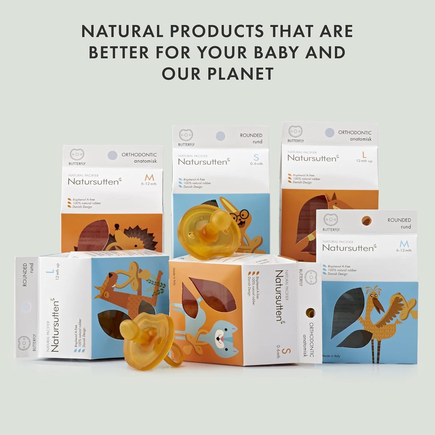 Natursutten Pacifiers 6-12 Months - 2-Pack Butterfly Shield Orthodontic Nipple Natural Rubber Safe & Soft BPA-Free Pacifier for Breastfeeding Babies - Newborn Pacifiers Made in Italy