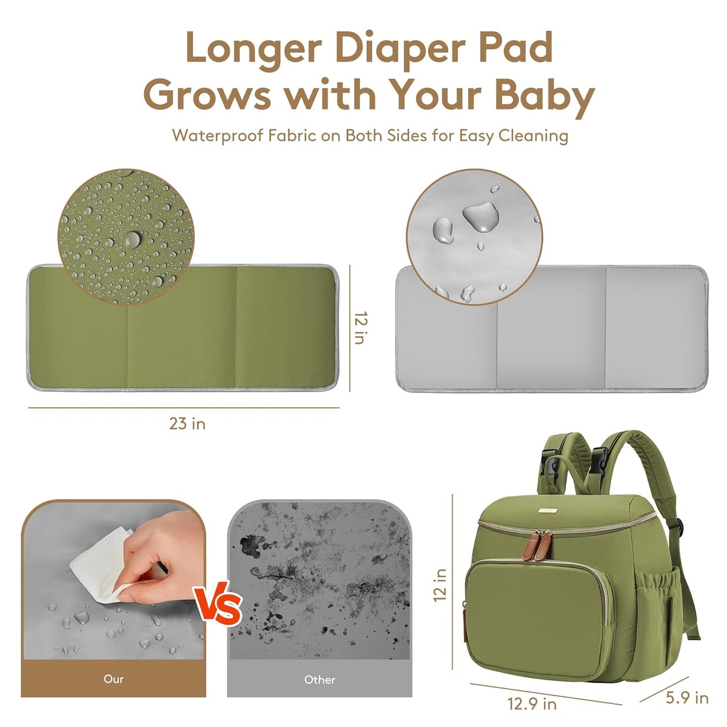 Small Diaper Bag Backpack, Lightweight Baby Bag for Moms and Dads, Compact Travel Diaper Backpack with Stroller Straps & Changing Pad, Waterproof & Stylish Baby Bag for Everyday Essentials - GREEN