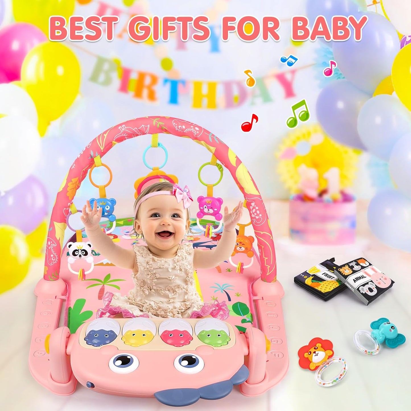 UMIKU Baby Play Mat Baby Tummy Time Mat Infant Newborn Musical Activity Center with High-Contrast Piano Music & Light Newborn Babies Gift for Girl Boy Babies 0-6 6-12 Month Pink Dinosaur