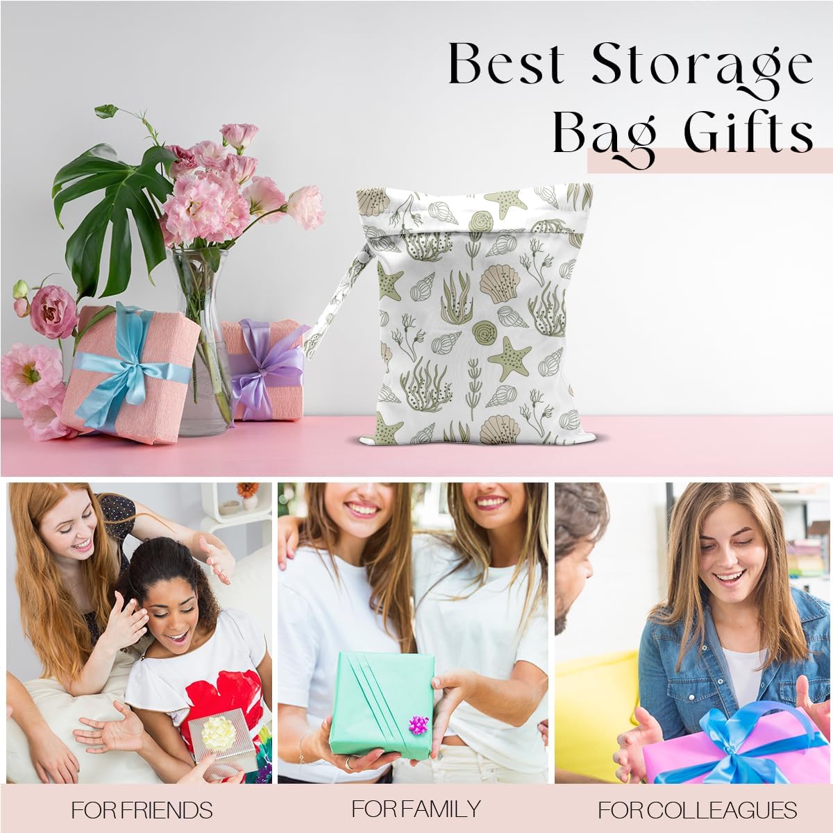 Wet Bag for Swimsuit, Beach Travel Essentials Wet Dry Bag, for Sunscreen Toiletry Dirty Clothes Yoga Gym Diaper, Friends Summer Beach Vacation Gifts. Starfish shells seaweed