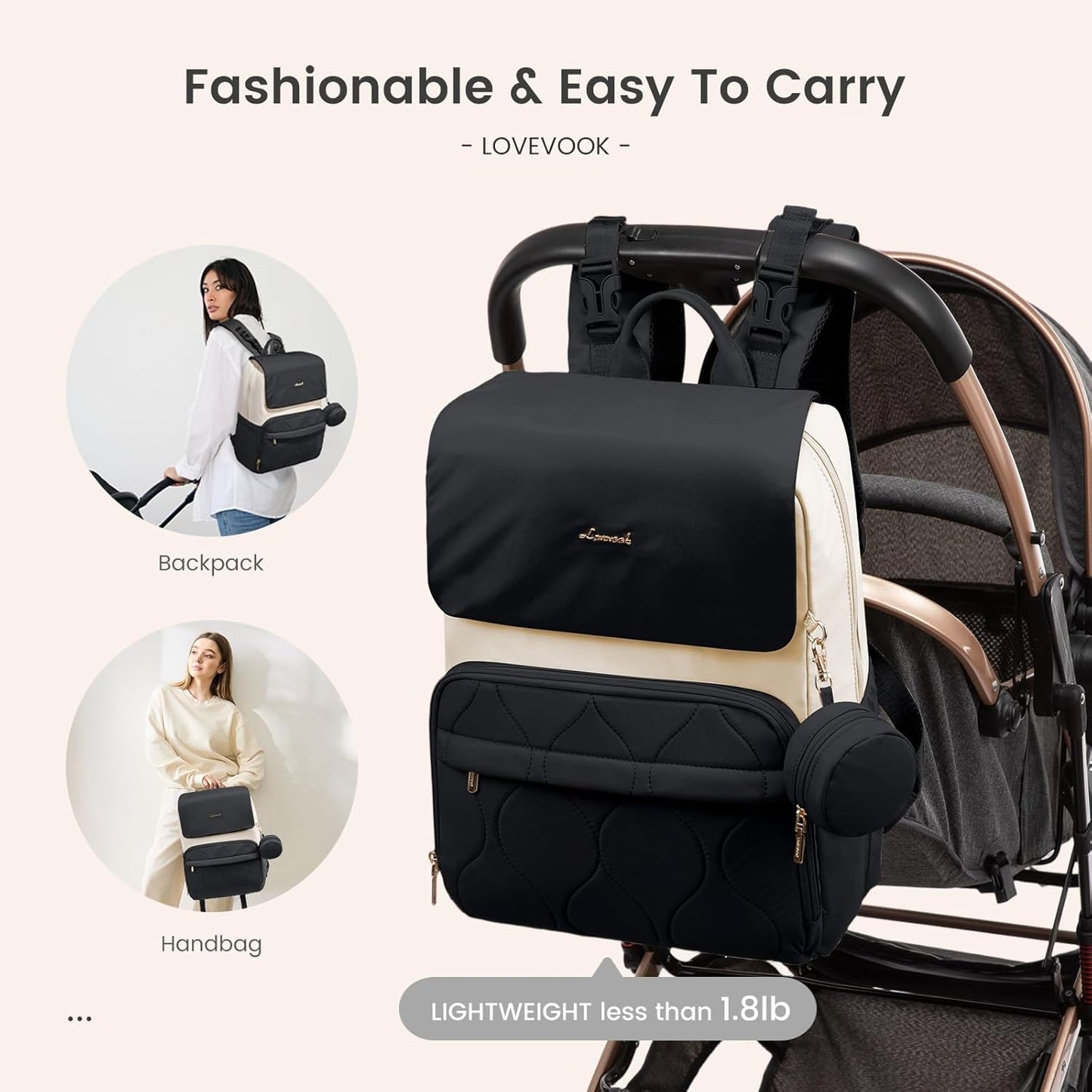 LOVEVOOK Diaper Bag Backpack, Baby Travel Bags for Boys & Girl, Toddler Waterproof Diaper Bag w/Changing Pad (Black, 15.6''-Small)