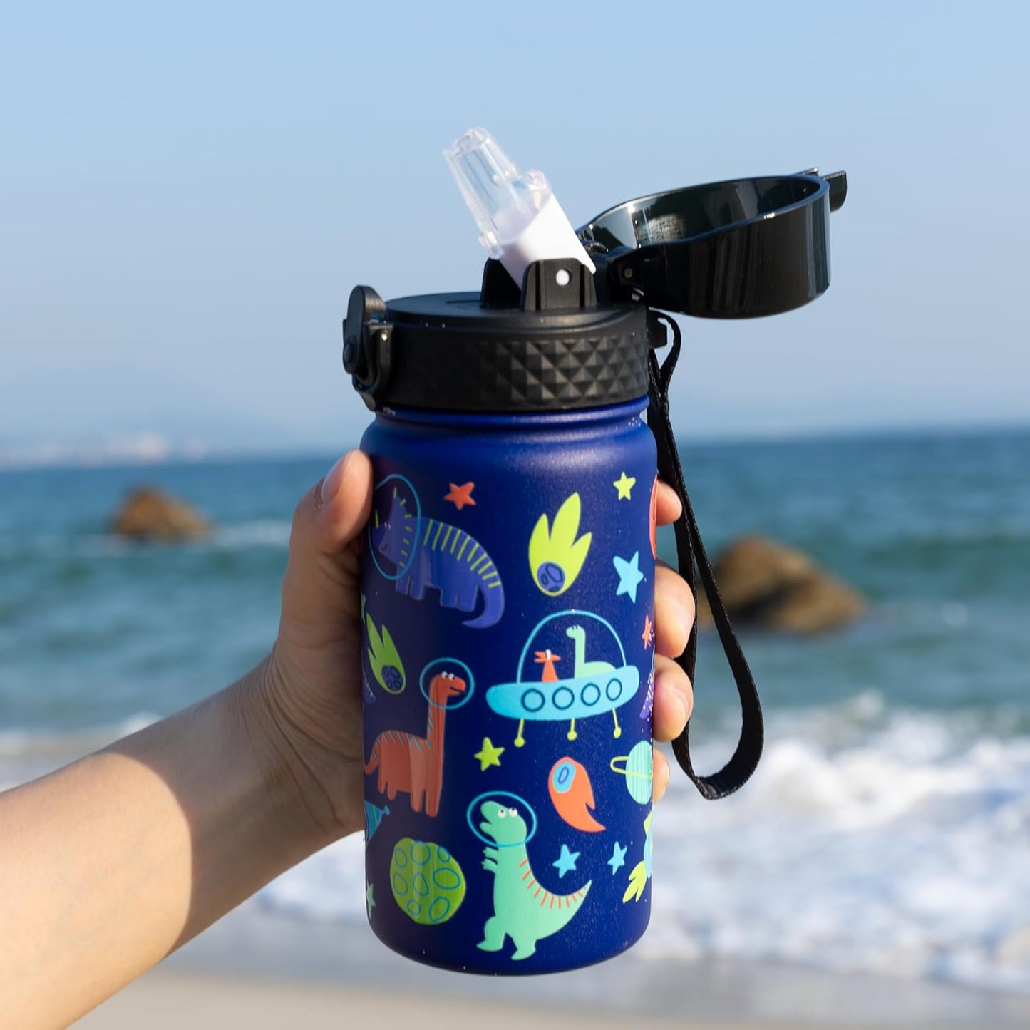 GOPPUS Kids Water Bottle (Straw Lid) - 14 Oz Stainless Steel Travel Bottle, Double Wall Vacuum Leak Proof Kids Cup for School Boys Girls,Blue Space dinosaur