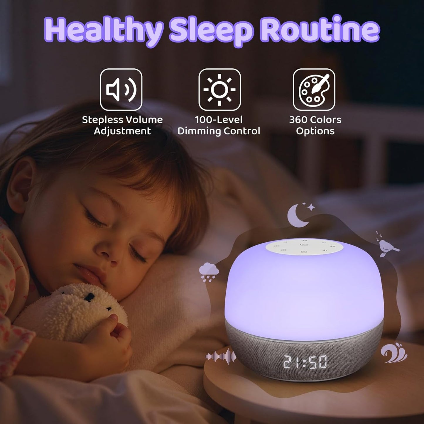 2025 Mom's Choice Awards | Sound Machine Baby White Noise Machine with Sunrise Alarm Clock & App Control – 360° RGB Night Light, Sleep Soother for Adults & Kids, Baby Essentials for Newborns