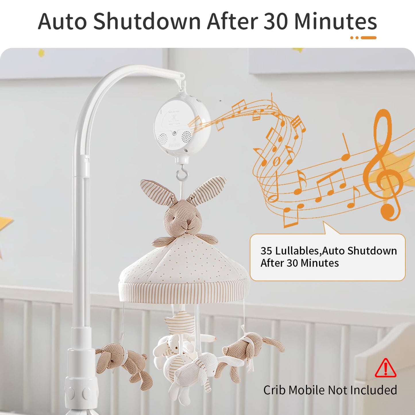 FEISIKE Crib Mobile Motor, Baby Music Box Spinner with 3 Modes(Spin Only, Music Only, Spin & Music 0-100 Volume Control,35 Lullabies,Portable Sound Machine,Auto-Off 30 Minutes, Battery Operated