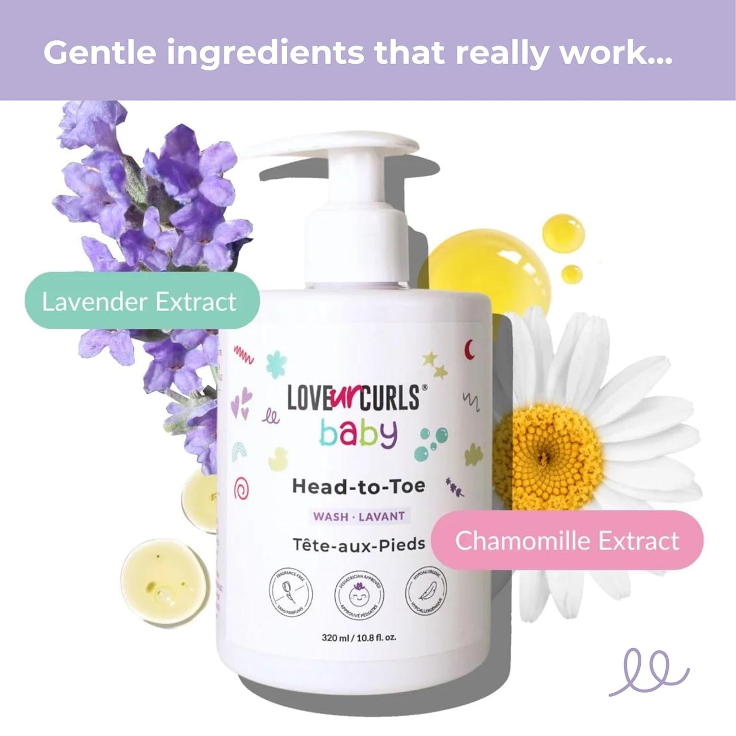 Love Ur Curls - LUCK Baby Head to Toe Wash, Gentle & Tear Free, Pediatrician Approved, Body Wash, and Ultra Mild Fragrance Free Mild Shampoo All in One, Vegan, 320 mL