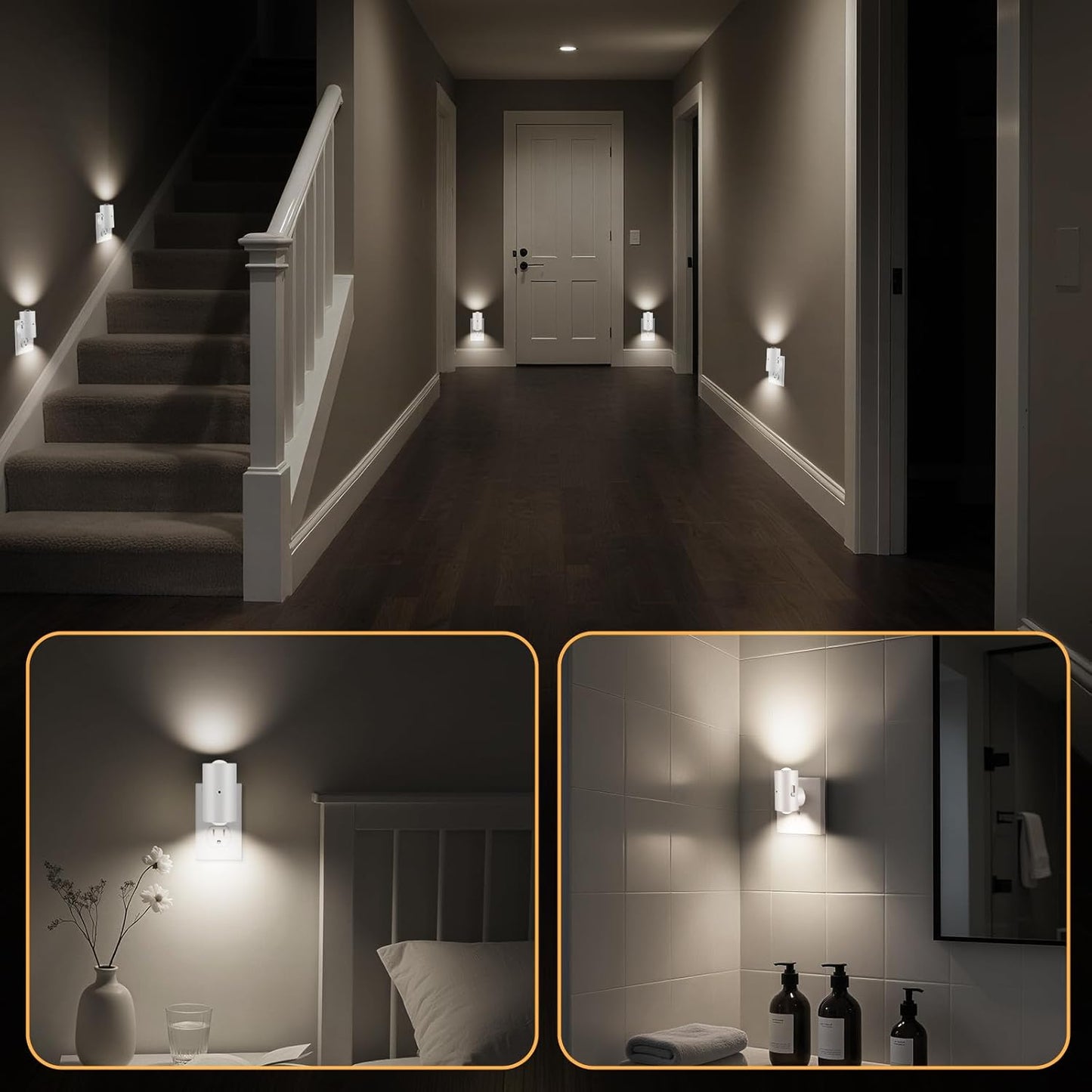 4 Pack Small LED Night Light, Dimmable Plug-in with Dusk to Dawn Auto On/Off, 5000K Daylight Adjustable Brightness (0-200 LM), 180° Rotating Head for Kitchen, Bathroom, Hallway