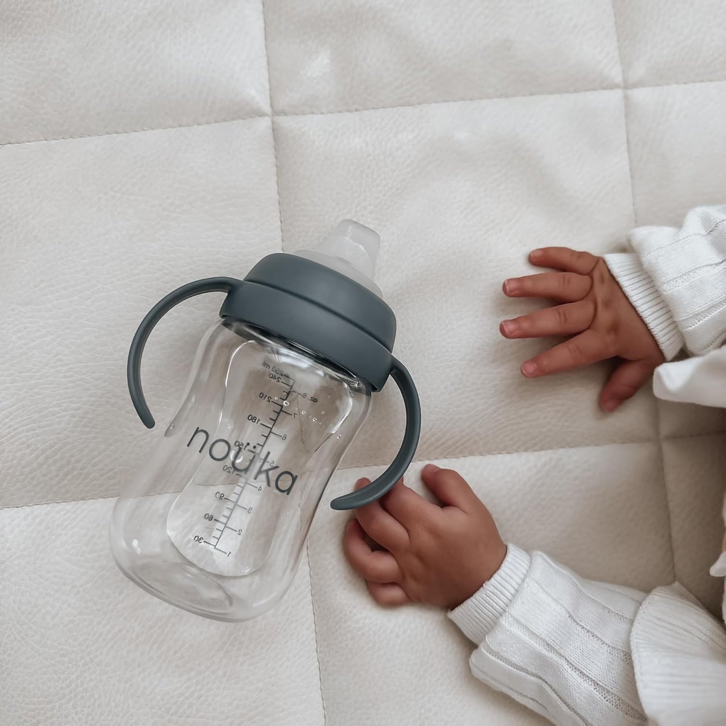 nouka Tritan Plastic Transitional Sippy Cup with Weighted Straw | Leak Proof and Easy Grip | Removable Handles | Soft Blush