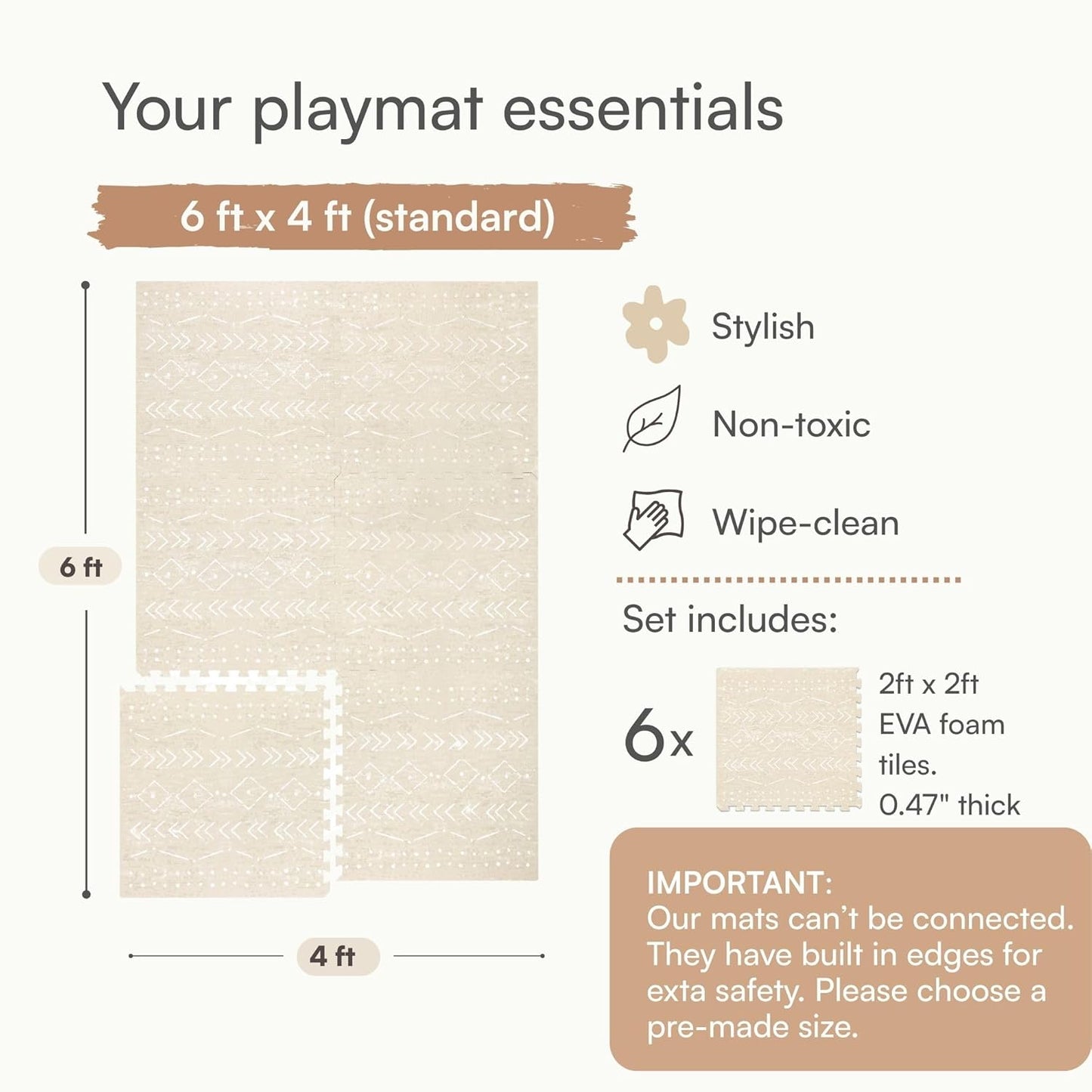 Lillefolk Baby Play Mat for Floor – 4x6ft Beige | Soft Non Toxic Premium EVA Foam Tiles for Tummy Time, Crawling & Playroom – Waterproof Interlocking Floor Mat for Babies & Toddlers (6 Tiles)