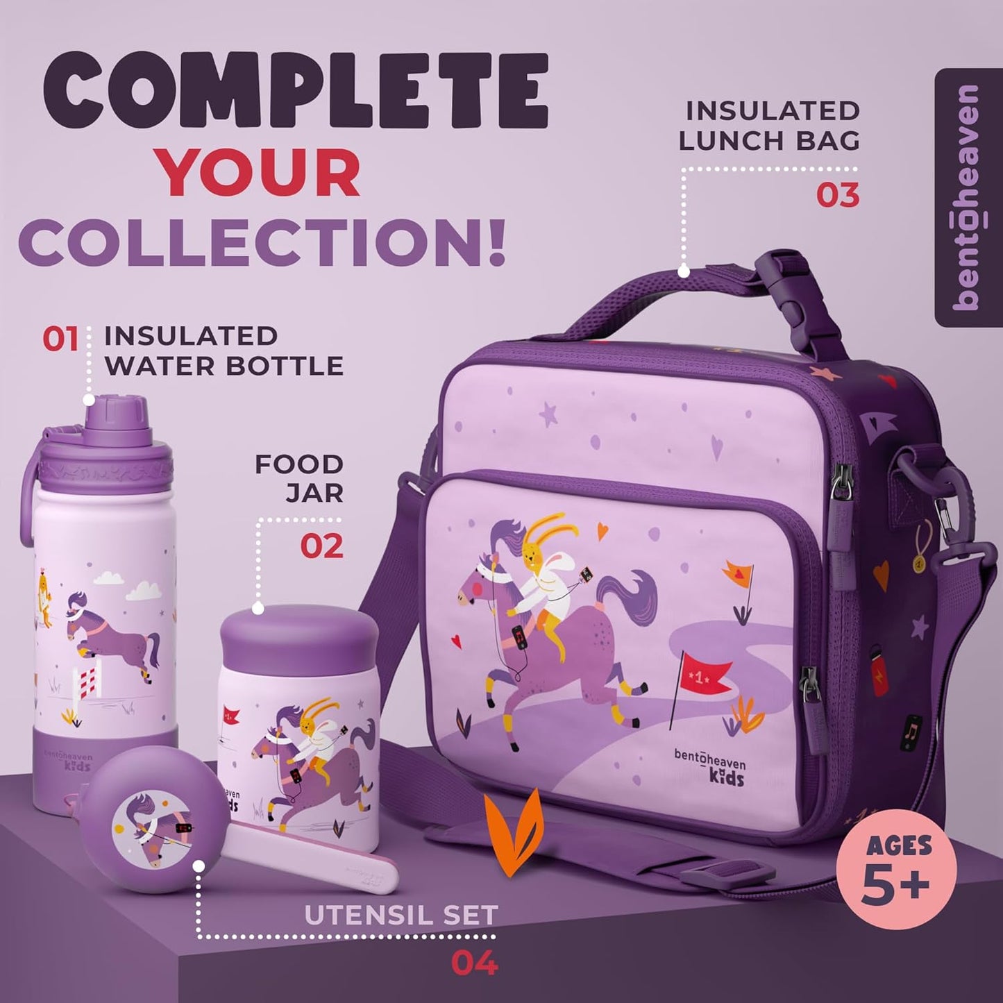 Bentoheaven Kids Water Bottle Stainless Steel for Boys & Girls, 2 Lids (Chug & Straw), Handle & Silicone Boot, Reusable Metal Leak-proof Insulated Tumbler, School & Sports 17oz (Purple)
