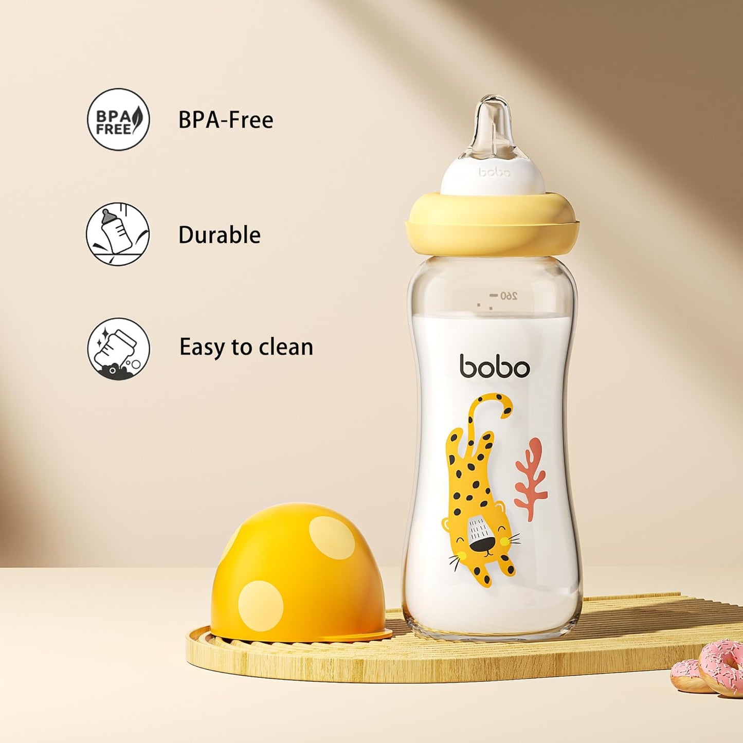 YOHKOH Natural Glass Baby Bottle with Natural Response Nipple, Newborn Anti-Colic Baby Bottles, Wide Neck Mushroom Cap Baby Bottle, Clear (8.8ounce (Pack of 4), Yellow2)