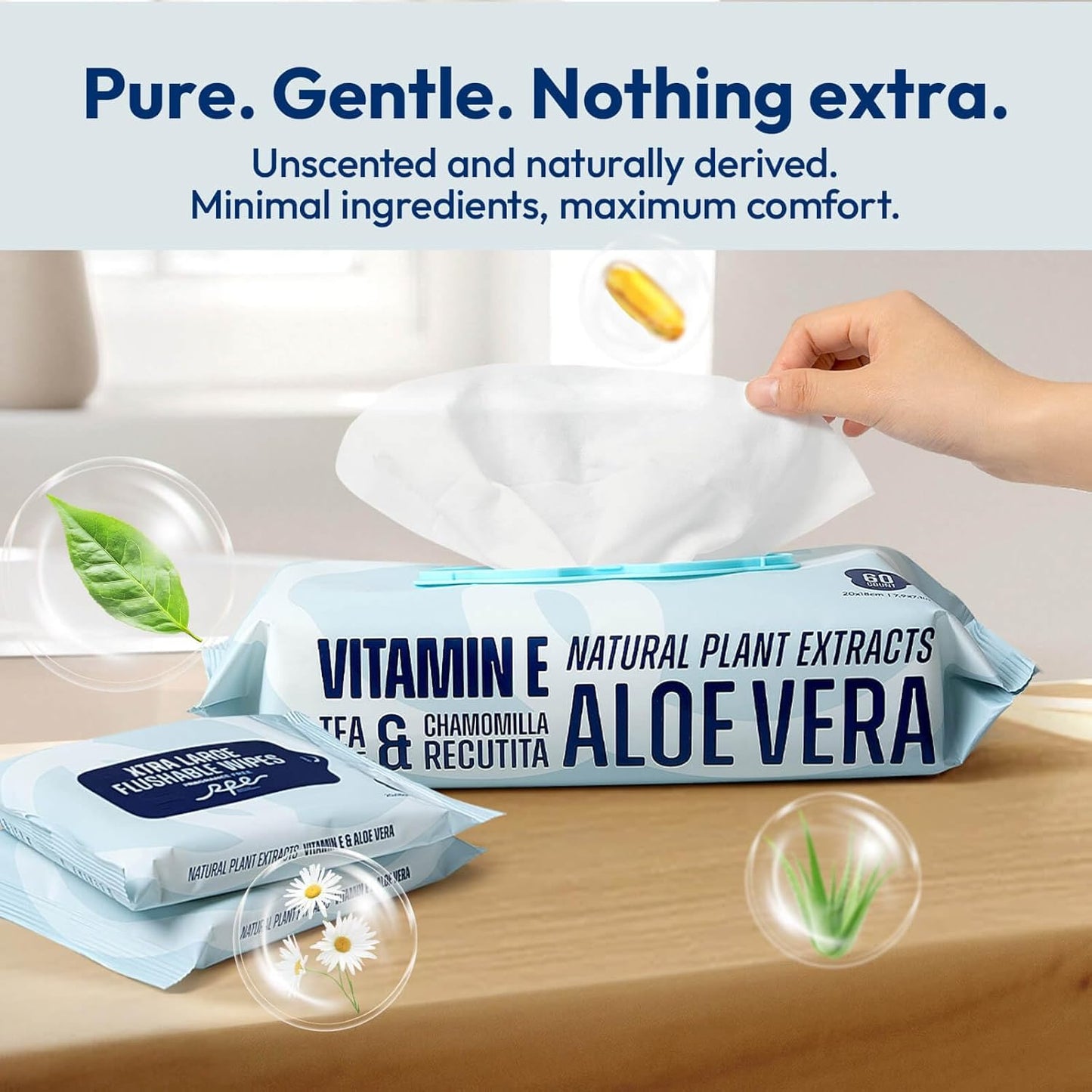 Flushable Wet Wipes - 6 Large Packs (360 Ct) - Unscented Extra-Large Body & Hand Tissue with Vitamin E & Aloe - For Adults, Children & Kids - Ideal for Home, Bathroom, Car & Everyday Hygiene
