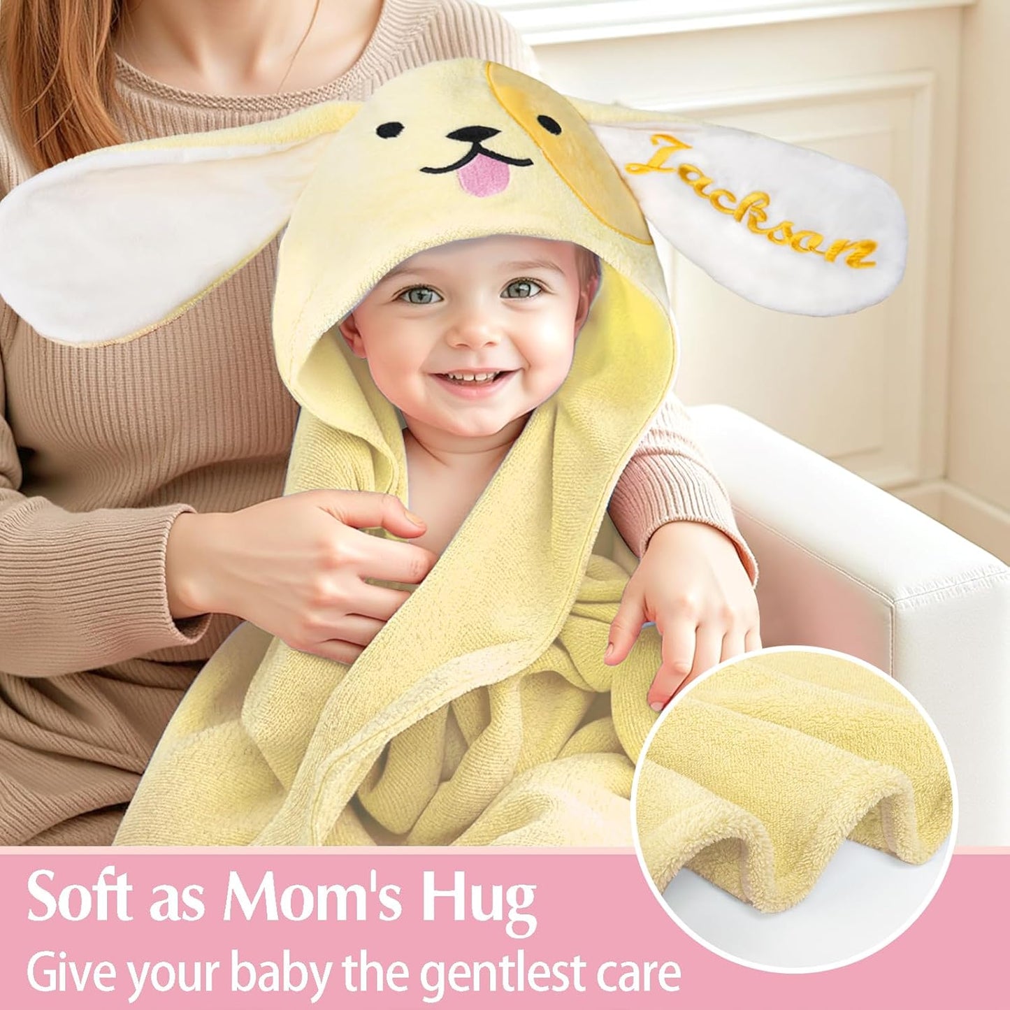Custom Hooded Bath Towel with Name, Personalized Highly Absorbent Bunny Towels, Baby Bath Towels for Girls Boys, Brithday for Baby, Toddler, Newborn (Yellow-Dog)