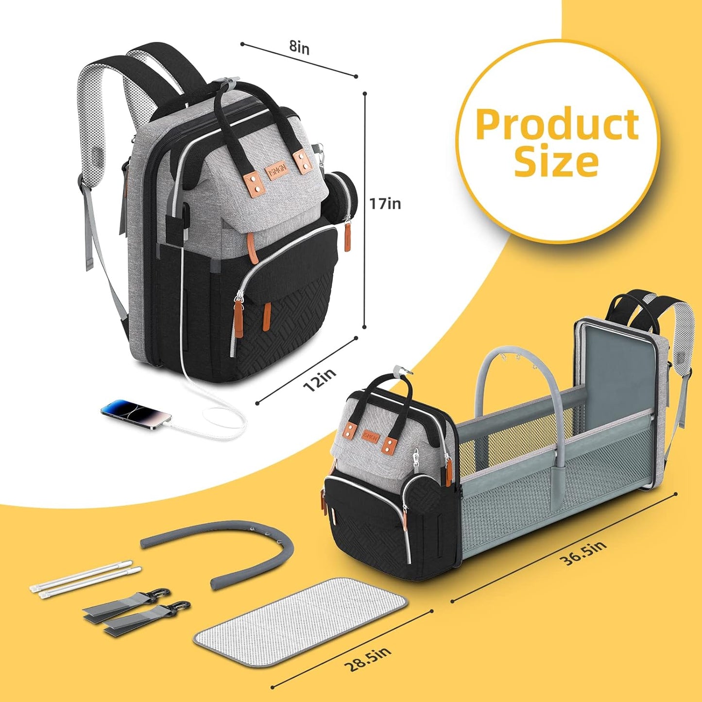 Diaper Bag Backpack with Changing Station, Multifunctional Diaper Bag, Extra Large Capacity, Baby Bag, GreyBlack