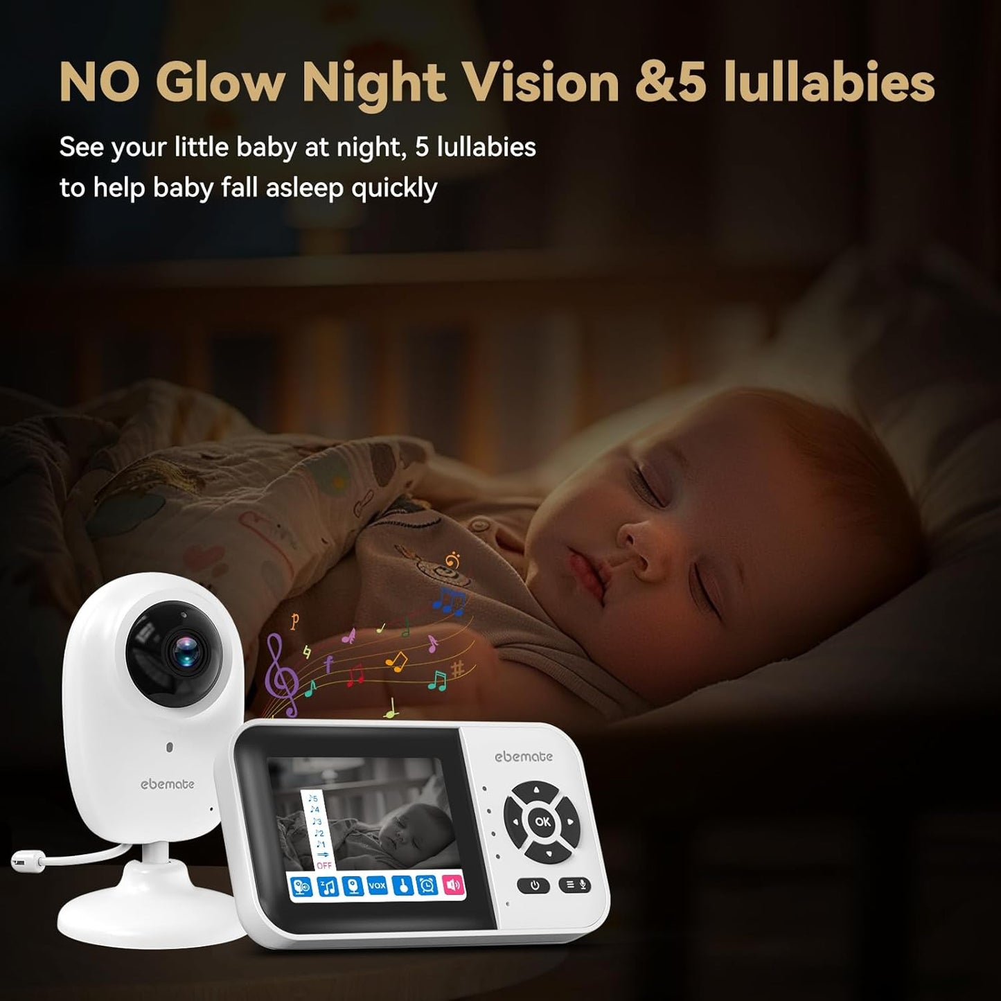 ebemate WiFi Video Baby Monitor,2.8" Display with 1080P Camera,No Glow Night Vision,2-Way Talk & 1200Ft Long Range,WiFi On/Off Cam Baby Monitoring EBS28
