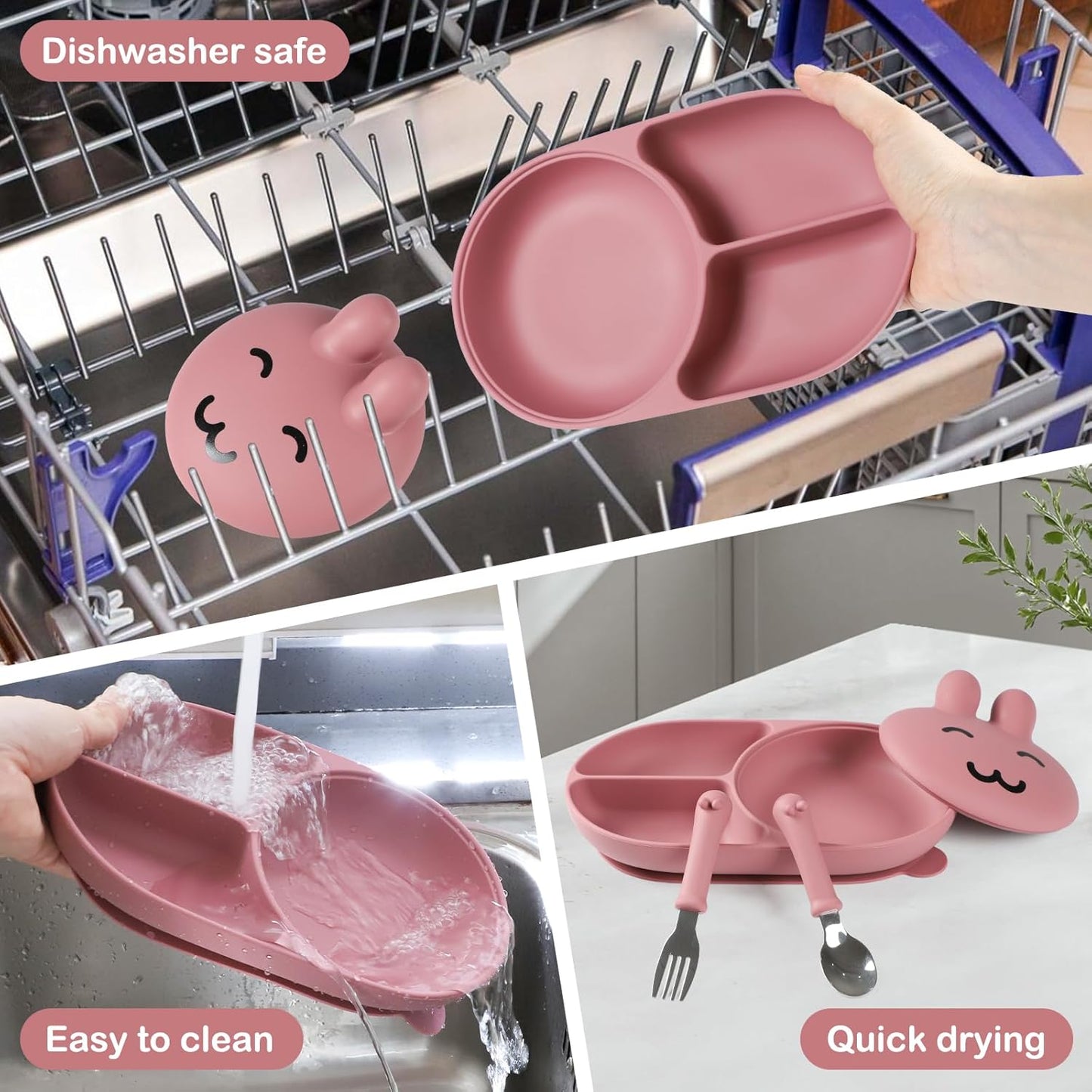 Silicone Baby Plate,Toddler plates,Self-feeding of infants after weaning, 100% Food Grade Silicone, BPA Free, Including Fork and Spoon, Baby Plates With Suction, Divided Plate for Babies (pink)