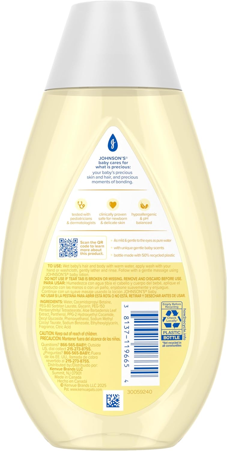 Johnson's Baby Head-To-Toe Baby Wash & Shampoo + Aloe & Vitamin B5, 2-in-1 Bath Wash Gently Cleanses Newborn's Delicate Skin & Hair, Hypoallergenic, No Added Parabens, Dyes & Sulfates, 13.6 fl. Oz