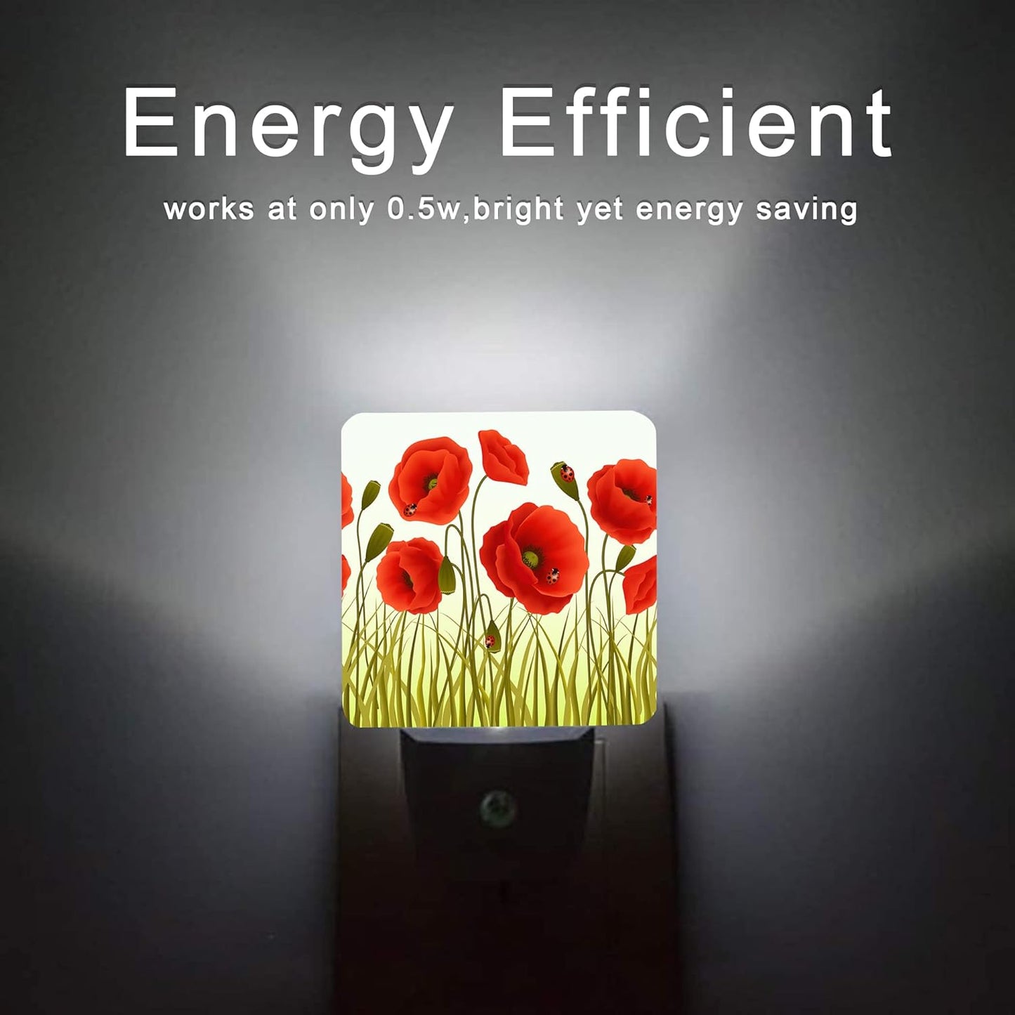 Red Flowers Night Light,Red Poppy Flowers and Ladybugs Plug-in Night Lights with Dusk-to-Dawn Sensor for Stairway/Hallway/Bedroom Sleep Friendly lamp for Women/Girls/Boys Gift,0.5W