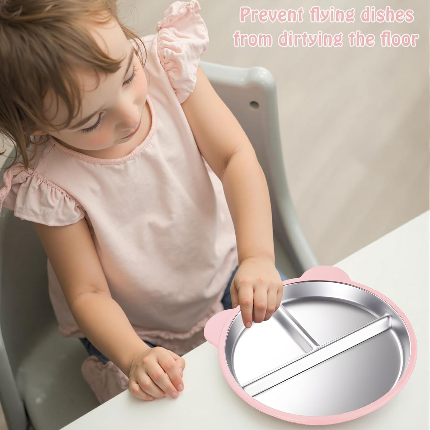 Stainless Steel Kids Plate with Suction Set of 4, 9″ Toddler Divided Plates with Removable Non Slip Silicone Sleeves, Dishwasher Safe Dinnerware, Light Pink, Baby Blue, Avocado Green, Beige