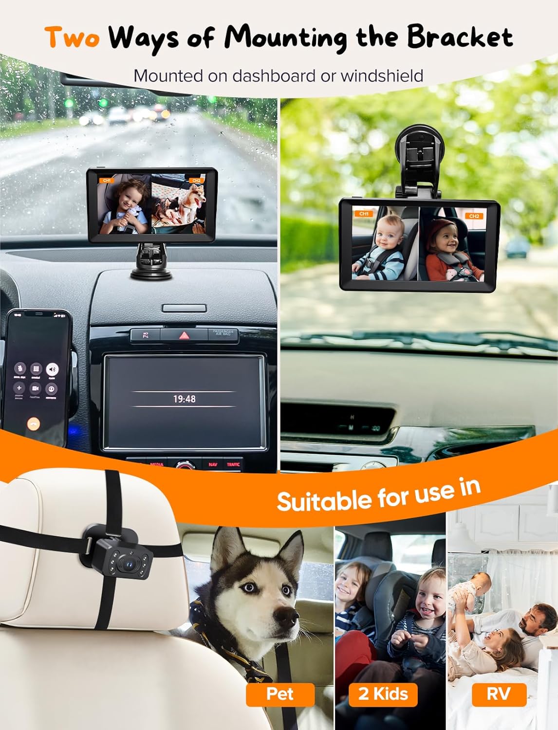 Baby Car Camera for 2 Kids - 7 Inch HD1080P Split Screen Baby Monitor with Dual Backseat Camera 150° Wide View & 360° Rotatable, Night Vision Easy Install, Rear-Facing Baby Car Mirror