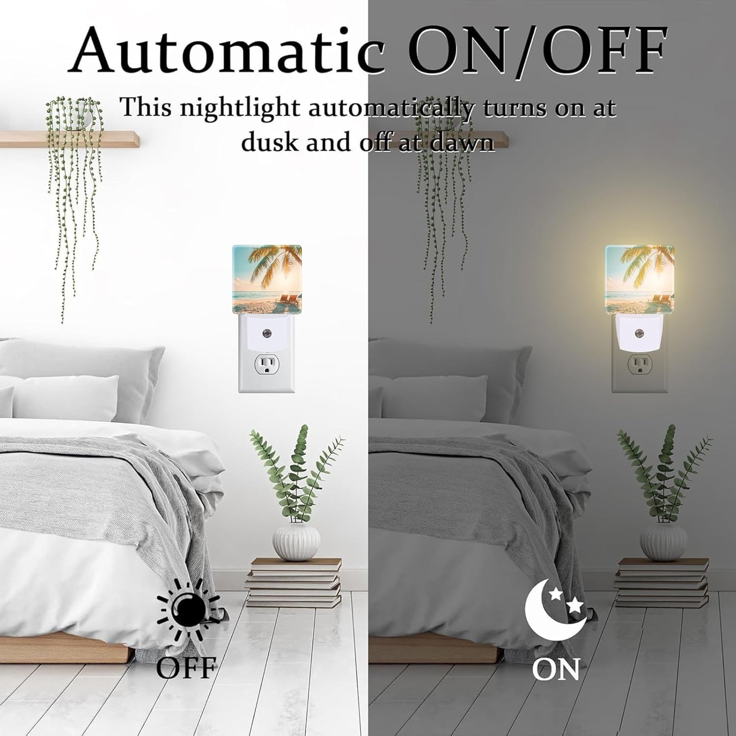 Beach and Sunset Night Light Plug into Wall, Tropical Palm Tree and Ocean Dusk to Dawn Night Light Plug in,0.5w Energy Saving Sleep Friendly NightLight for Kids Boys Girls Home Decor