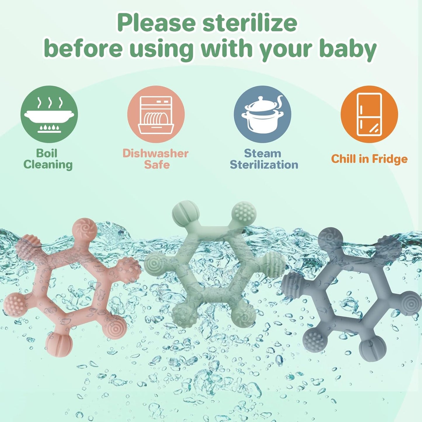 3 Pack Baby Teething Toys, BPA-Free Silicone Baby Teether Toys Teething Relief, Chew Toy for Babies 6-24 Months (Green & Blue & Pale Pink)