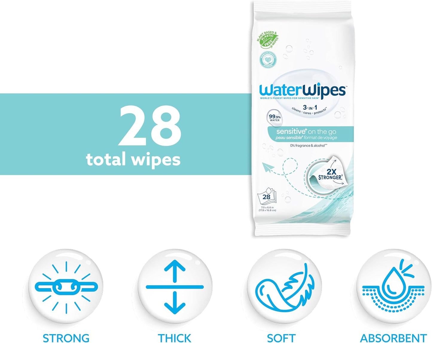 WaterWipes On The Go Wipes, 99.9% Water-Based Wipes for Travel, Sports, and to Refresh Skin, Unscented & Hypoallergenic, 28 Count (2 Pack)