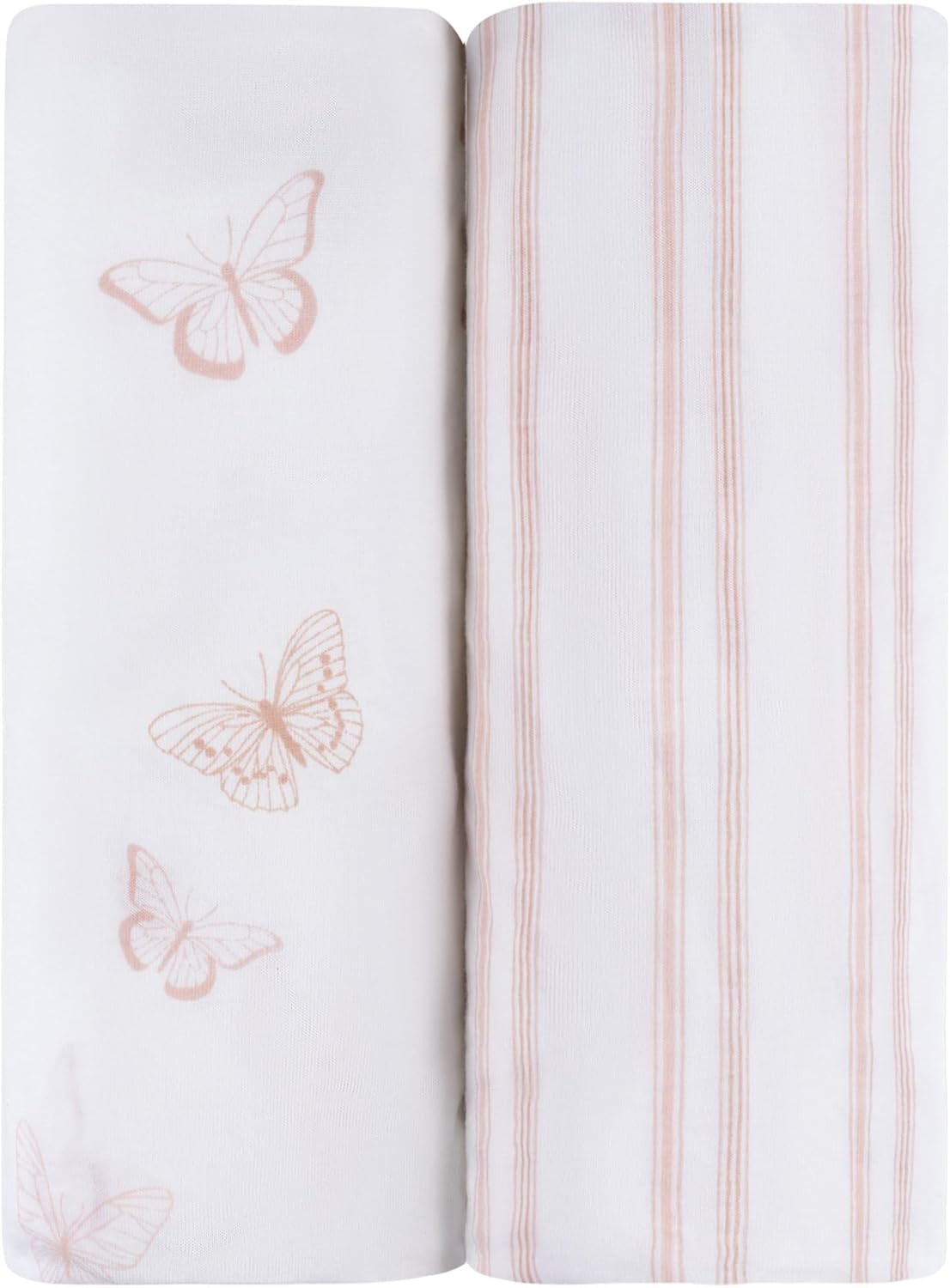 Ely's & Co. Mini Crib Bedding Set for Girls, 4 Piece Set - 1 Fitted Mini Crib Sheet, Quilted Comforter and Decorative Pillow with Insert, Pink Butterfly+Stripe Collection