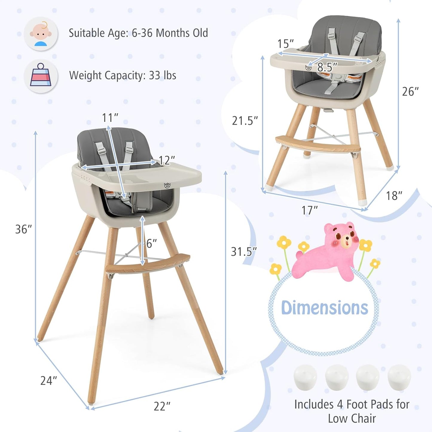 BABY JOY Baby High Chair, 3-in-1 Convertible Wooden Highchair for Babies & Toddlers, Infant Feeding Chair w/ 5-Point Safety Harness, Footrest, Adjustable Legs, Removable Tray & PU Cushion (Dark Gray)