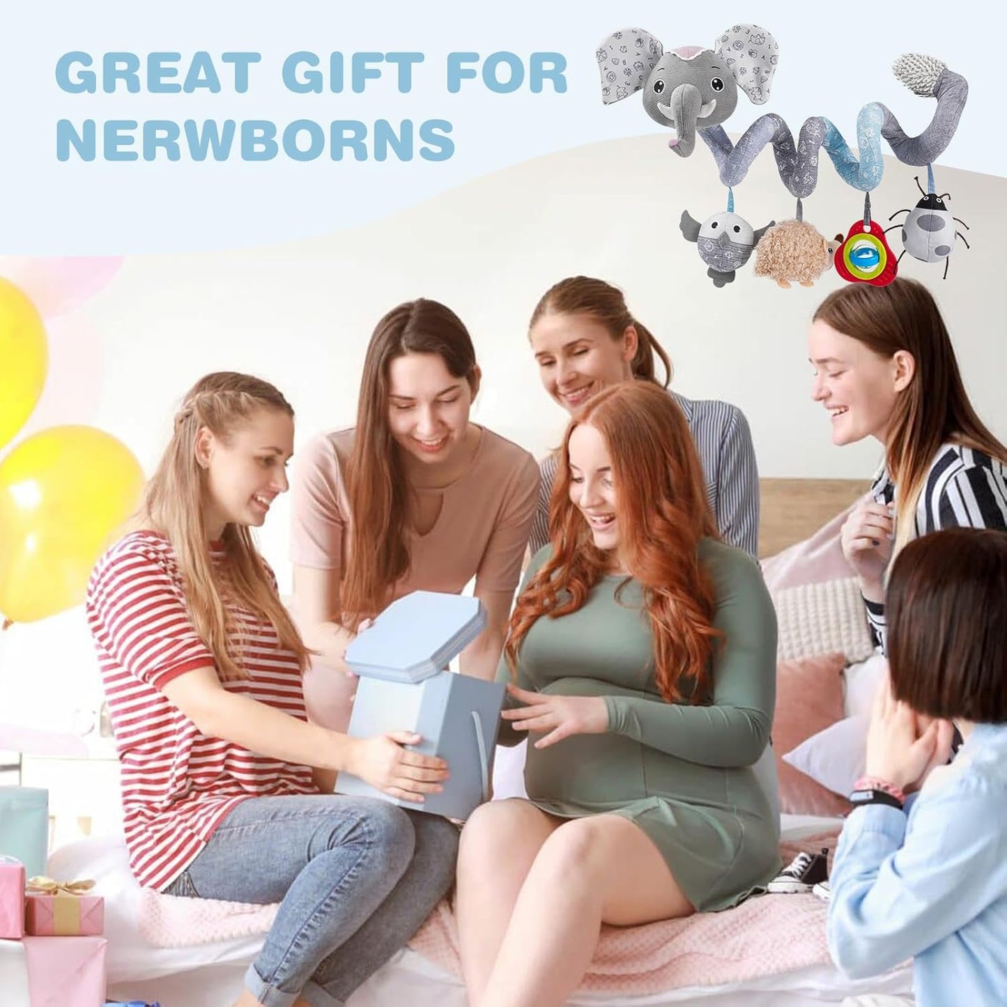 Jollybaby Crib Stroller Car Seat Toys for Baby 0-3-6-9-12 Months, Tummy Time Hanging Sensory Toys for Newborn with Music Box and Teether, Spiral Carseat Toy for Boys Girls Gifts (09-Sz Gray Elephant)