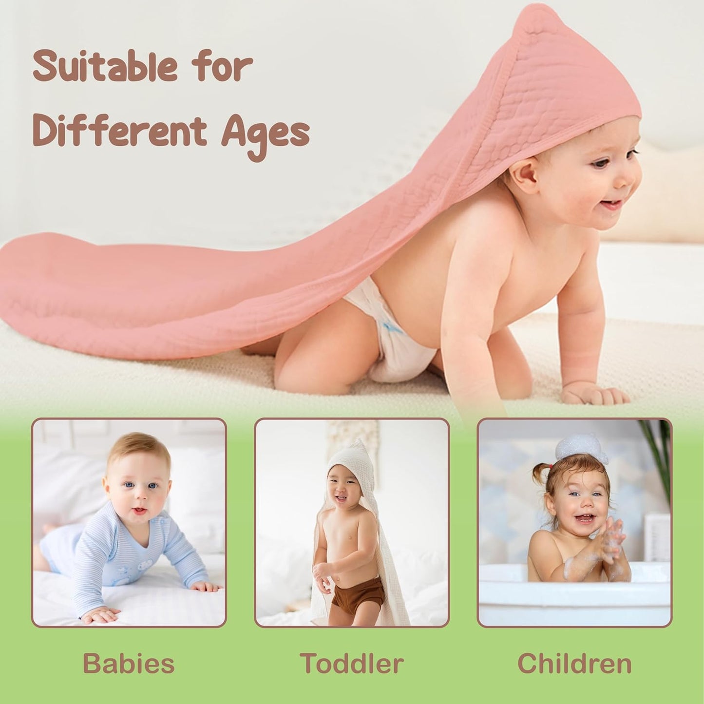 Organic Cotton Muslin Baby Hooded Towels - 32x32 Inch, 2 Pack Newborn Bath Towels for Boys & Girls, Soft & Absorbent Bath Set (Rose/Peach)