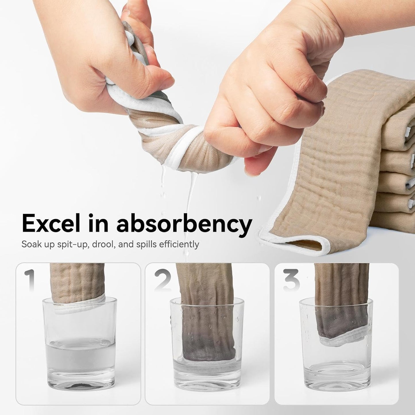 Synrroe Burp Cloths Large, Muslin Burp Cloths for Baby Girls and Boys, Pack of 4 Extra Absorbent and Soft Muslin Bibs, 6 Layers 20 by 10 Inches 100% Cotton (White and Brown 4 Pack)