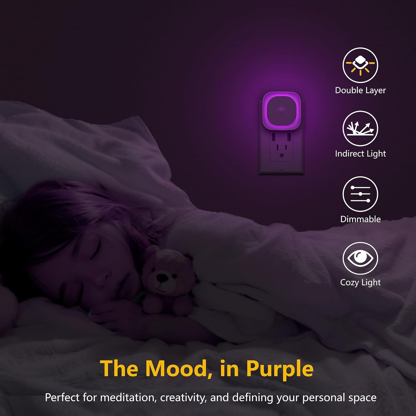 2 Pack Plug in Night Light with Motion Sensor & Dusk to Dawn Sensor, 3 Sensor Modes, Purple Night Lights Plug into Wall, Dimmable Calming Glow for Meditation, Relaxation, Bathroom, Bedroom