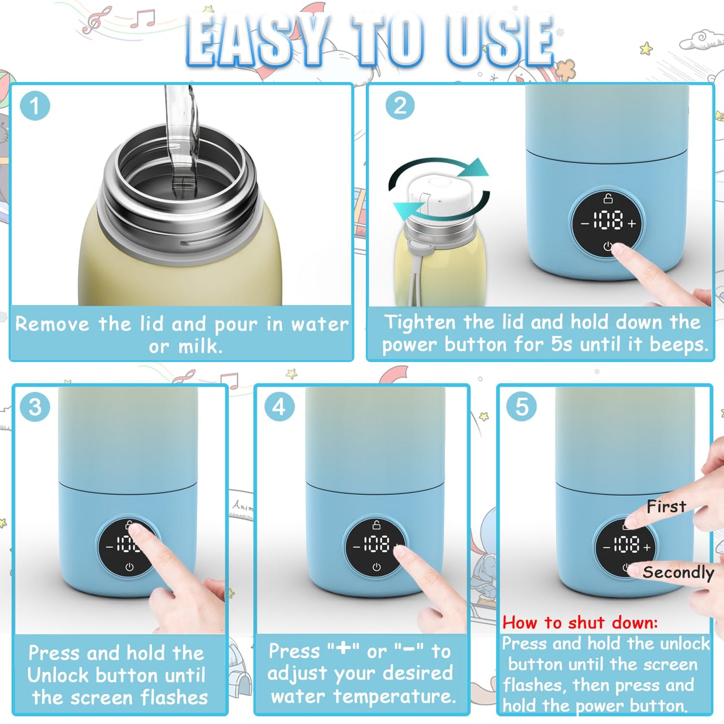 Portable Bottle Warmer, Travel Formula Milk Warmer for Baby, 17oz Water Warmer On The Go with 3min-Rapid-Heat Fast Charge Cordless Formula Warmer Temp Control Baby Travel Essential Xams Gift