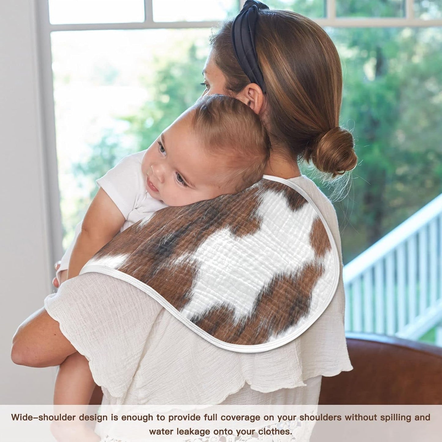 Muslin Baby Burp Cloths Set of 2, Soft Absorbent White Brown Print Cow Muslin Washcloths, Bibs, Face Towel for Newborn Boys Girls, 22 x 11 Inch