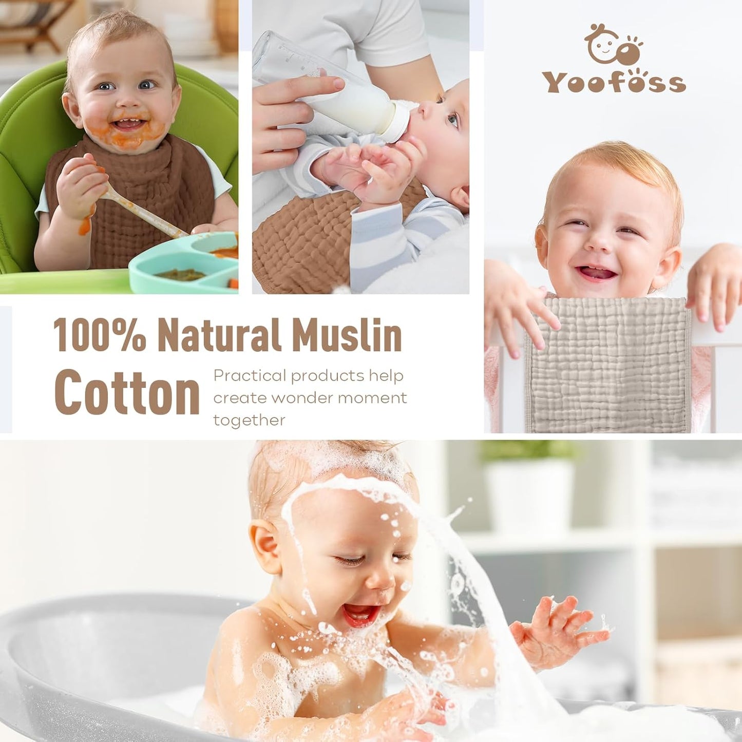Yoofoss Muslin Burp Cloths for Baby 10 Pack 100% Organic Cotton Baby Washcloths for Boys Girls Large 20''X10'' Super Soft and Absorbent Gradient Brown