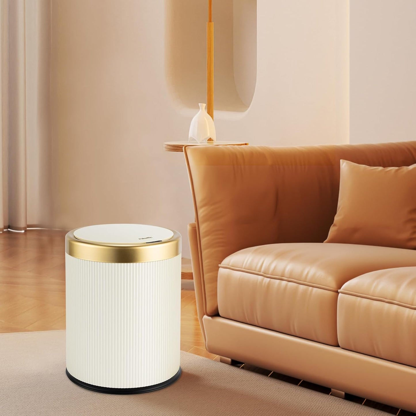 Pukomc Bathroom Trash Can with Lid,3.5 Gallon Motion Sensor Waterproof Touchless Garbage Can, Smart Plastic Trash Bins Suitable for Kitchen, Bathroom, Bedroom, Living Room, Office Beige