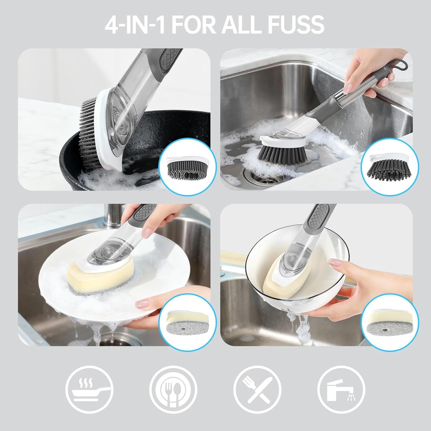Soap Dispensing Scrub Brush - 4-in-1 Kitchen Cleaning Brush with Built-in Tank, Scraper Heads for Stubborn Grime on Pots Pans, Stand/Hang Storage-Grey