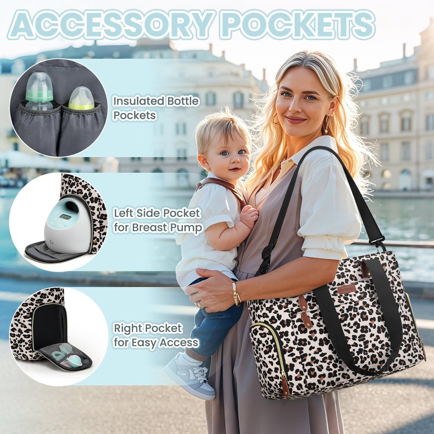 Diaper Bag Tote for Working Mom, Large Travel Diaper Tote for Mom and Dad with 14 Inch Laptop Sleeve, Mommy Maternity Travel Baby Bag for Boys and Girls, Leopard