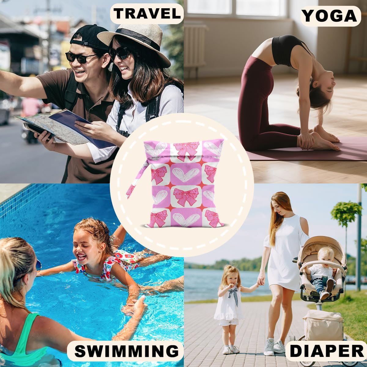 2Pcs Pink Bow Wet Bags 12x10 Inch, Heart Waterproof Wet Dry Bags, Reusable Washable Travel Laundry Bag for Swimsuit Beach Diapers Dirty Yoga Gym Clothes, Butterfly Gifts for Women Friend Travelers