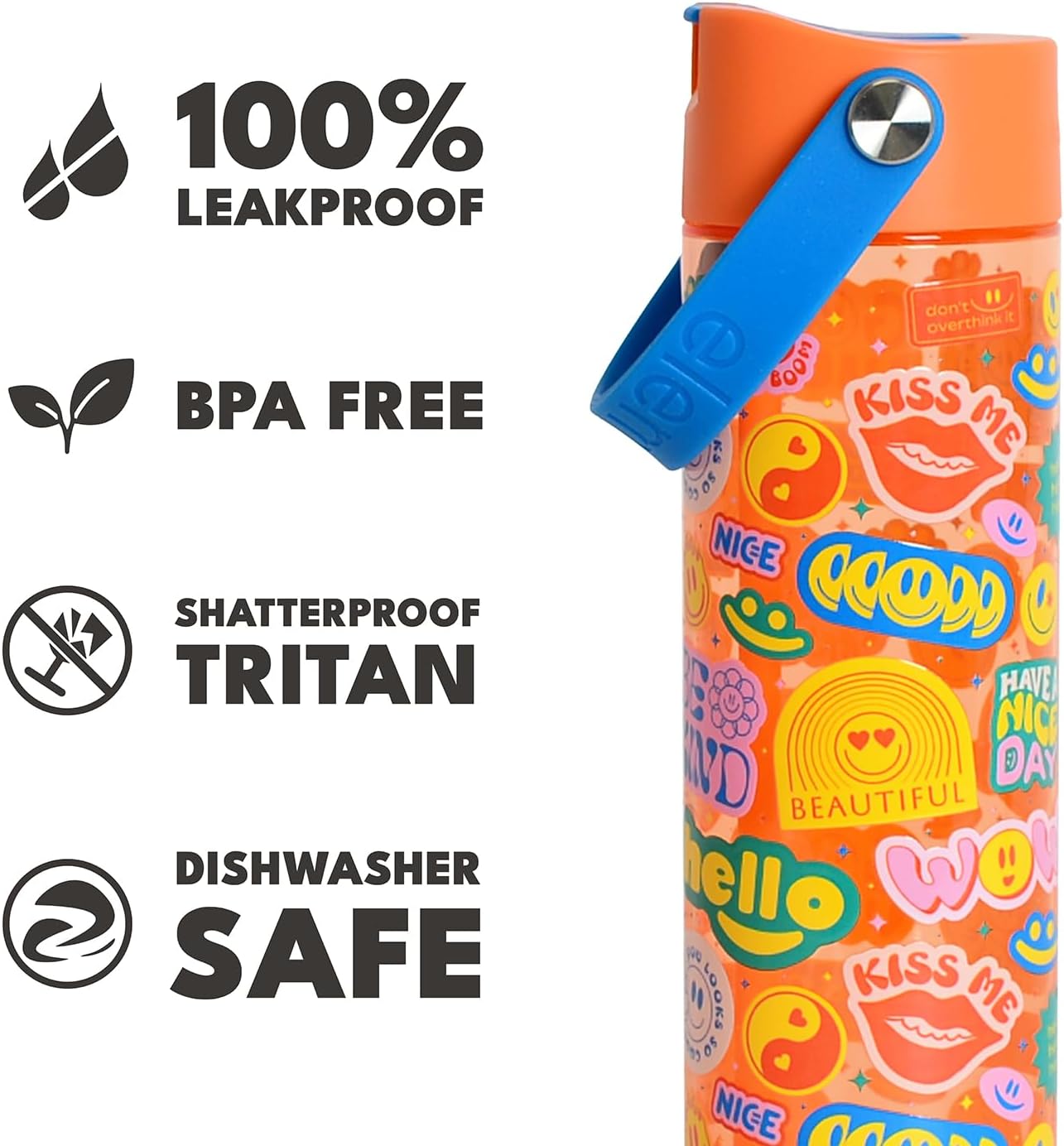 Elemental Splash Water Bottle with Straw - BPA-Free Tritan Plastic Reusable Water Bottle with Strap - Ideal for Travel, Gym and Sports - Leak Proof when Spout is Closed - 26oz - Good Vibes