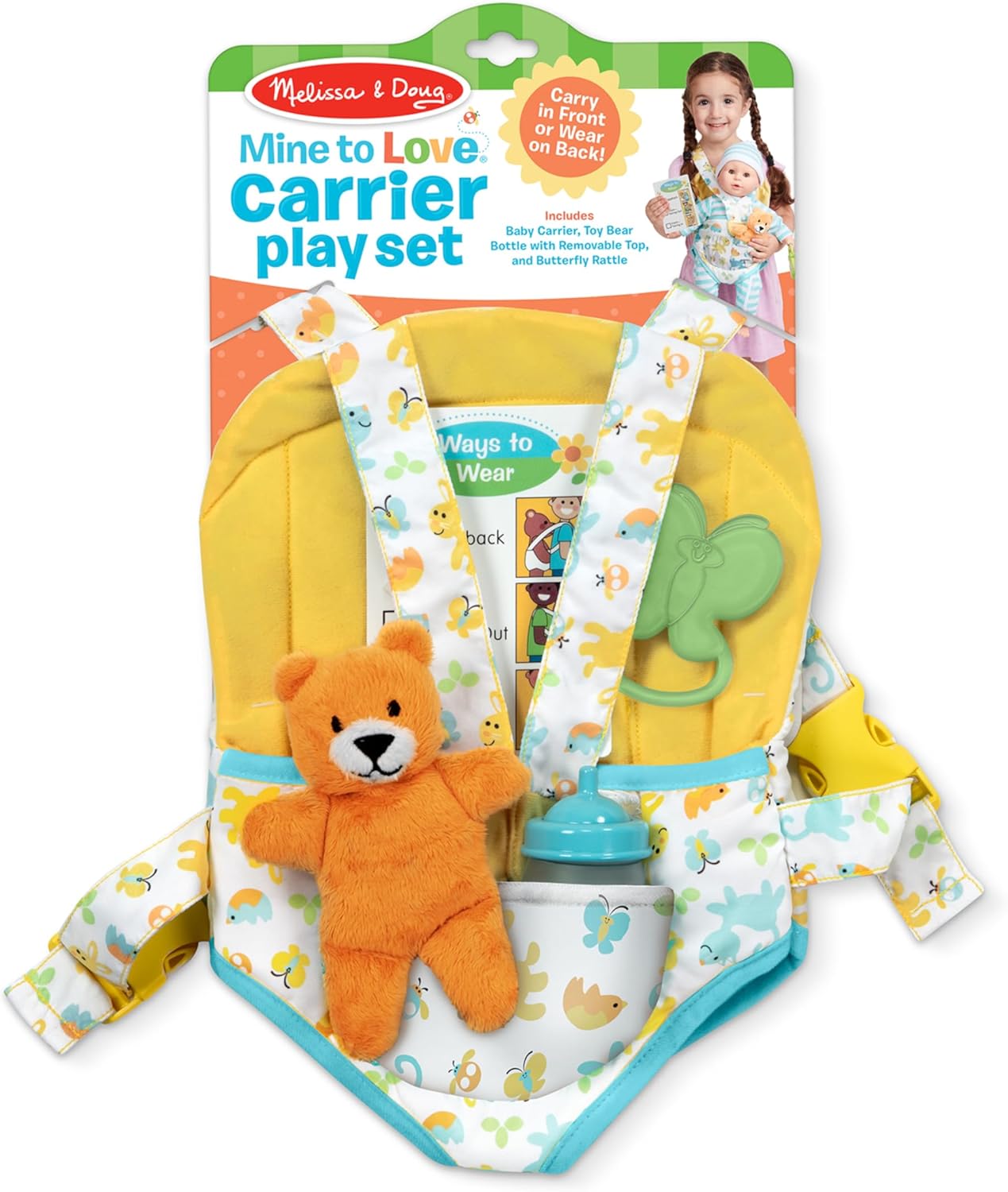 Melissa & Doug Mine to Love Carrier Play Set for Baby Dolls with Toy Bear, Bottle, Rattle, Activity Card