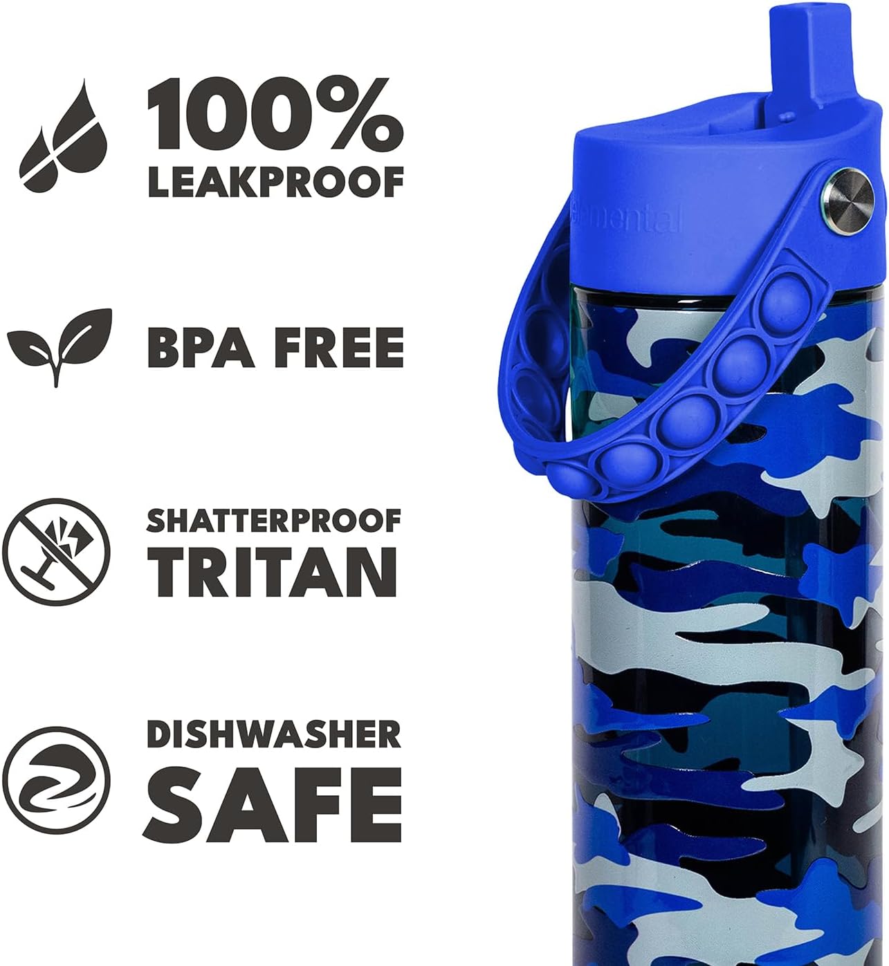 Elemental Splash Water Bottle with Straw - BPA-Free Tritan Plastic Reusable Water Bottle with Pop It Strap - Ideal for Travel, Gym and Sports - Leak Proof when Spout is Closed - 26oz - Blue Camo