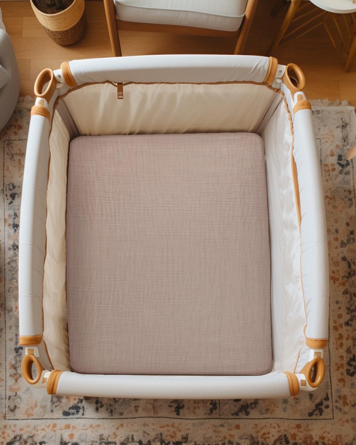 Pack and Play Sheets for Baby Boy and Girl 2 Pack, Neutral Muslin Cotton Pack N Play Mattresses Sheet 27"x39", Muslin Nursery Bedding Soft and Breathable Comfort (Beige & Mustard Yellow)