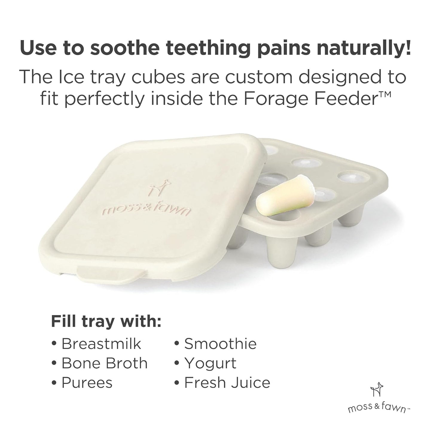 Moss and Fawn Little Explorer Kit - Silicone Frozen Breast Milk Popsicle Kit with Forage Feeder, Teething Popsicle Ice Cube Tray, & Gather & Roll Baby Feeding Bib - BPA, PVC, & Lead-Free - Ecru