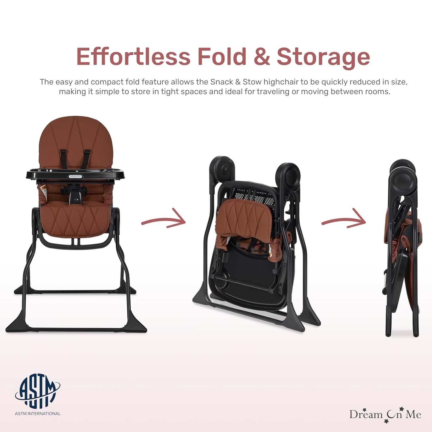 Dream On Me Snack and Stow Highchair | Adjustable Feeding Chair with Removable Tray, Lightweight, Foldable Design, Easy to Clean, Perfect for Toddlers & Infants